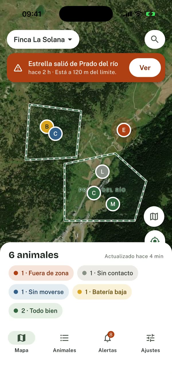 App map showing the animals on satellite imagery and an “out of zone” alert